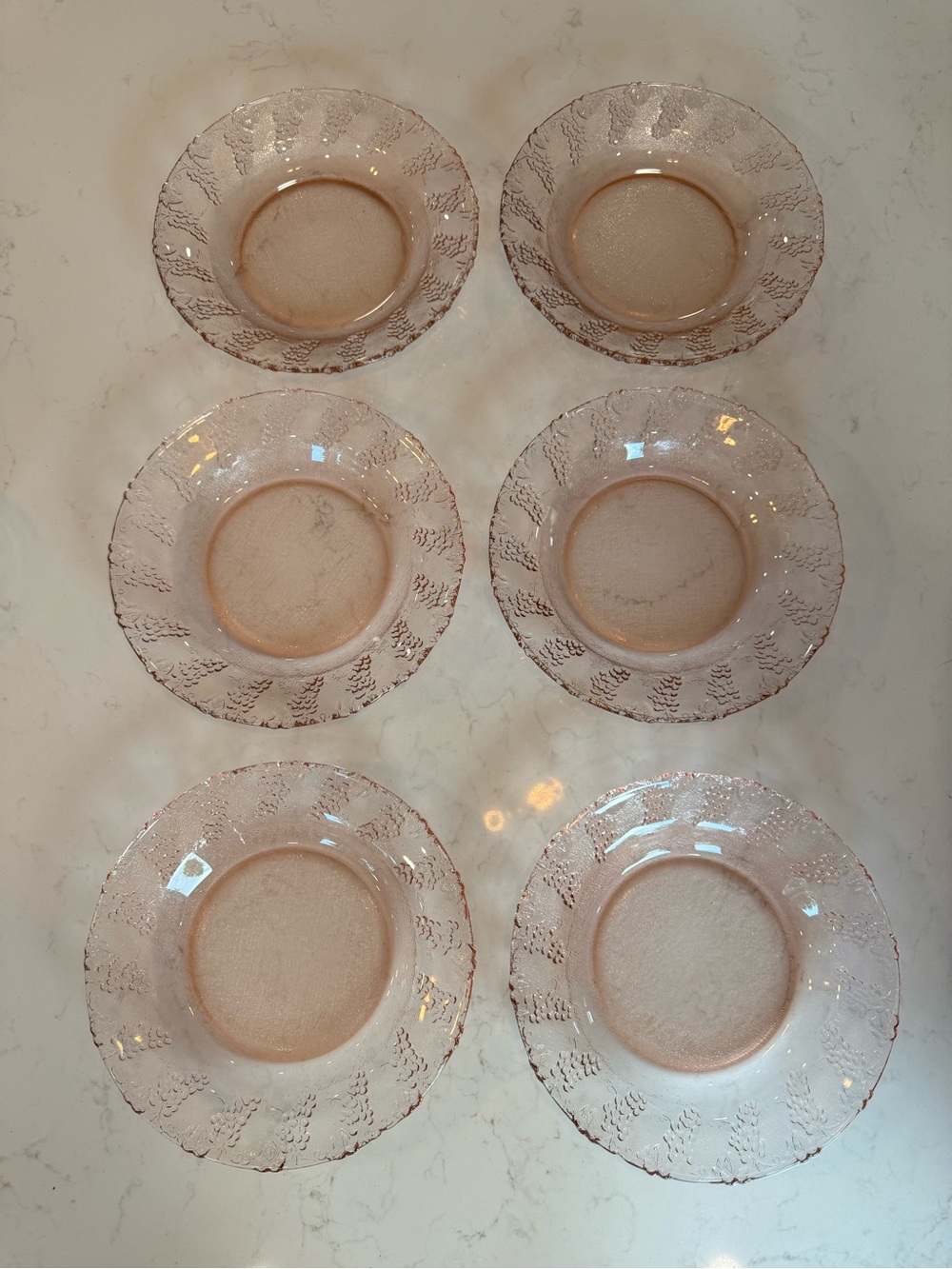 Vintage Kig Pressed Glass.Pink Grape Harvest. Set of 6 Pasta / Soup / Salad bowl